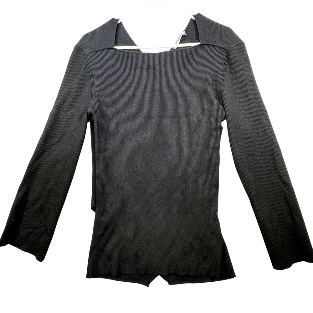 MM.LaFleur Ribbed Knit Top Women XL Black Square Neck Wrap Back Workwear Chic